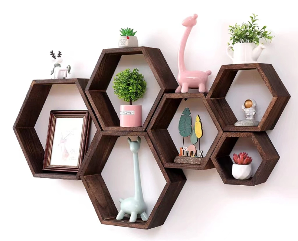 Six Pieces Wooden Hexagon Floating Shelves Rustic Farmhouse Storage Honeycomb Wall Shelf for Bedroom Living-Room