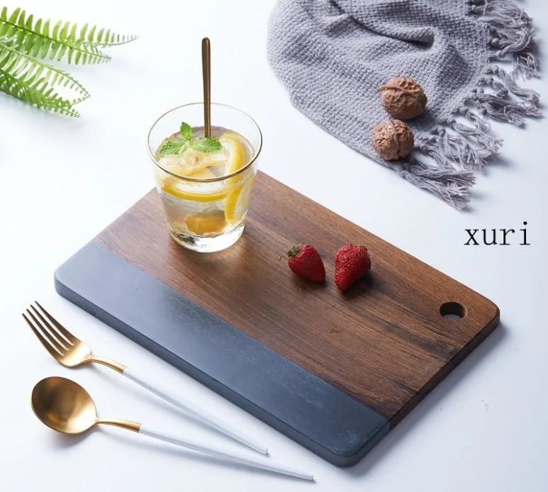 Japanese Simple Style Wood Mix Marble Handicrafts Marble Bread Plate Western Food Set up Marble Tray Marble Fruit Plate for Home/Hotel/Cafe