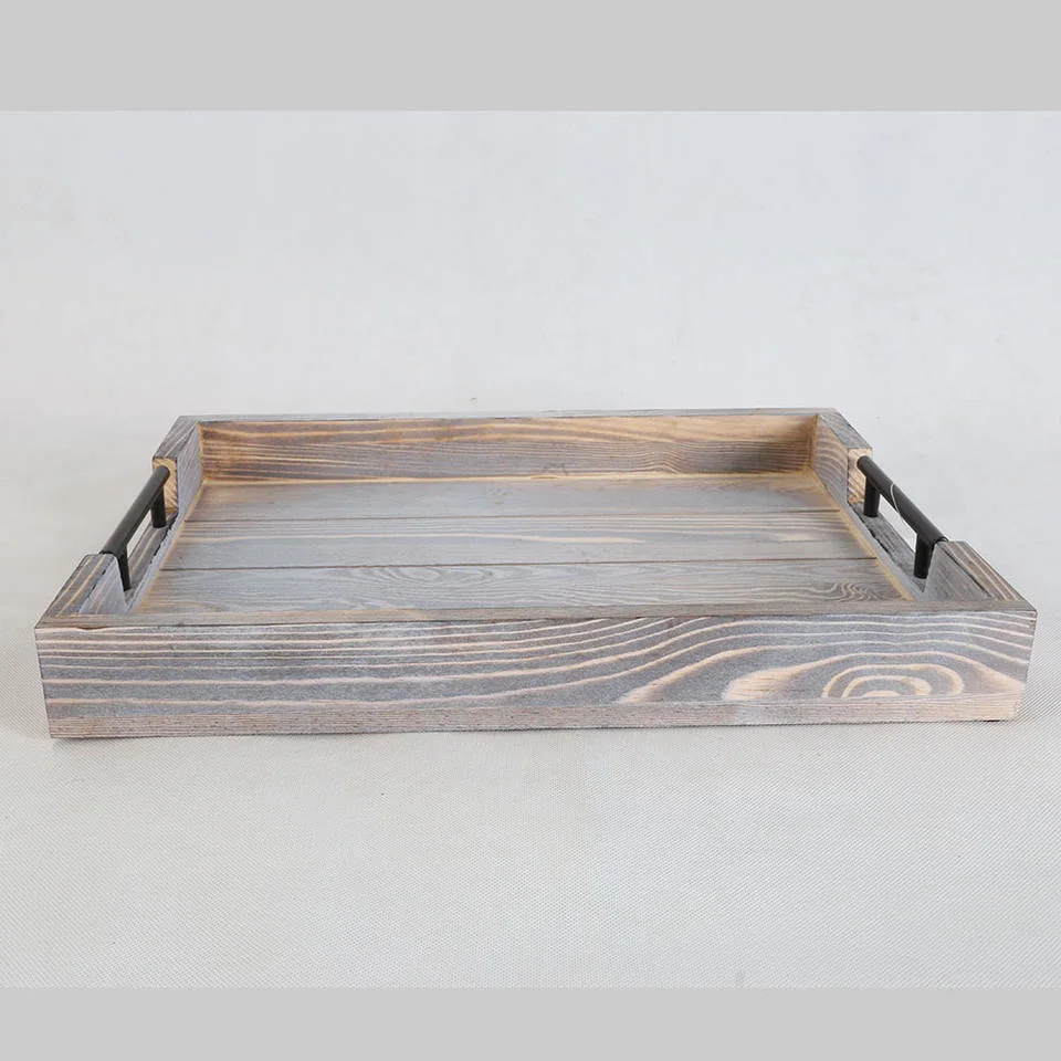 Eco-Friendly Wooden/Wood Serving Tray with Metal Handles for Coffee/Wine/Drinks/Food/Breakfast