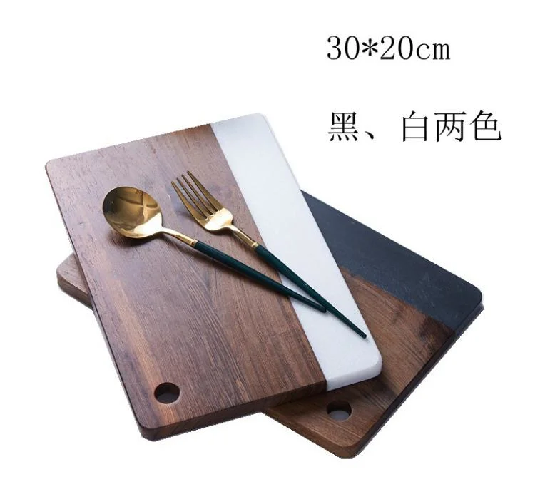 Japanese Simple Style Wood Mix Marble Handicrafts Marble Bread Plate Western Food Set up Marble Tray Marble Fruit Plate for Home/Hotel/Cafe