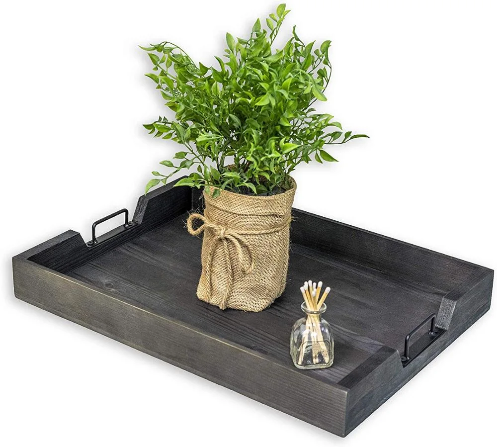 Modern Rustic Wood/Wooden Serving Tray with Metal Handles for Food/Tea/Coffee/Souvenir Storage
