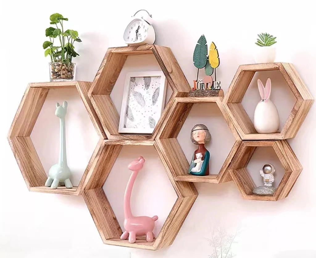 Six Pieces Wooden Hexagon Floating Shelves Rustic Farmhouse Storage Honeycomb Wall Shelf for Bedroom Living-Room