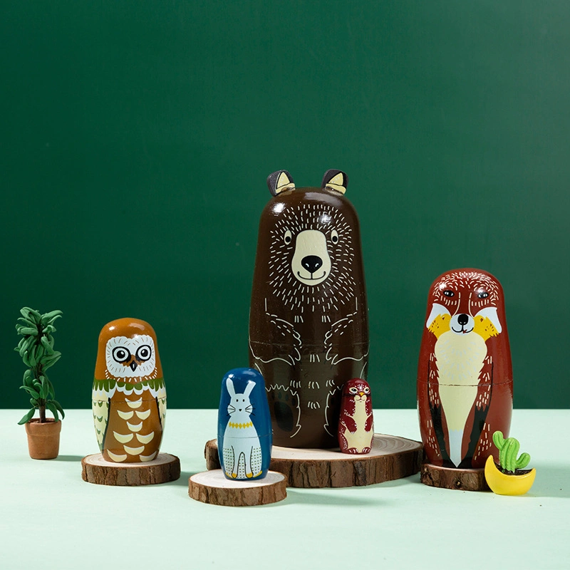 Russian Nesting Doll Five Layer Cartoon Brown Bear Children&prime;s Holiday Gifts Forest Animals Wooden Handicraft Ornaments