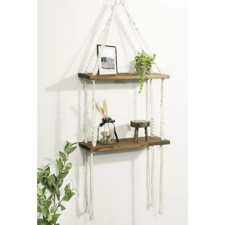 Macrame Hanging Shelves Rustic Wood Wall Shelves with Handmade Woven Hanger