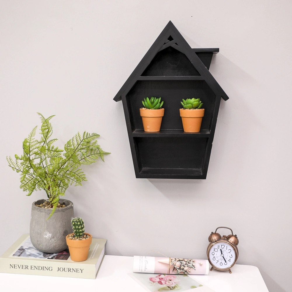 Customized House Shape Black Wooden Wall Shelf
