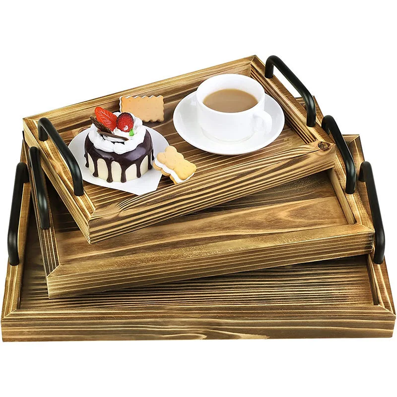 Rustic Wooden/Wood Serving Tray with Metal Handles for Tea/Wine/Coffee/Meal