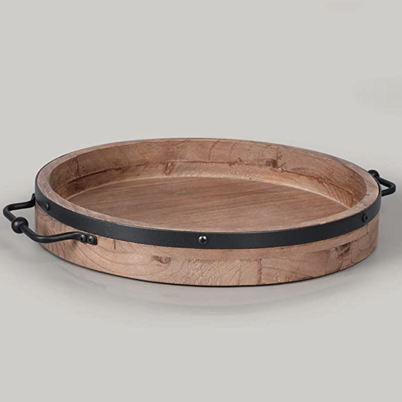 Eco-Friendly Wooden/Wood Round Serving Tray with Metal Handles for Coffee/Meal/Fruit/Wine/Drinks/Tea