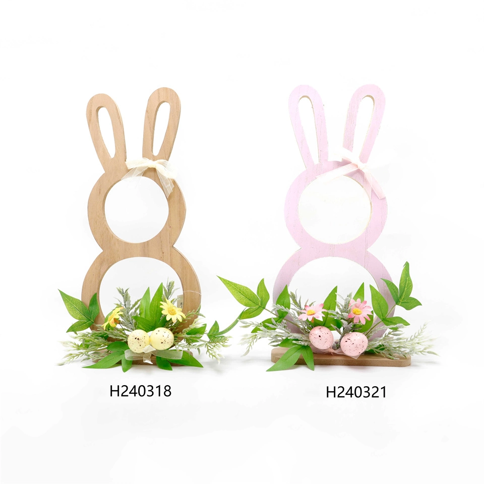 Cute Pink Wooden Rabbit Artificial Green Plant Egg Ornaments Easter Decoration Wooden Rabbit Ornaments