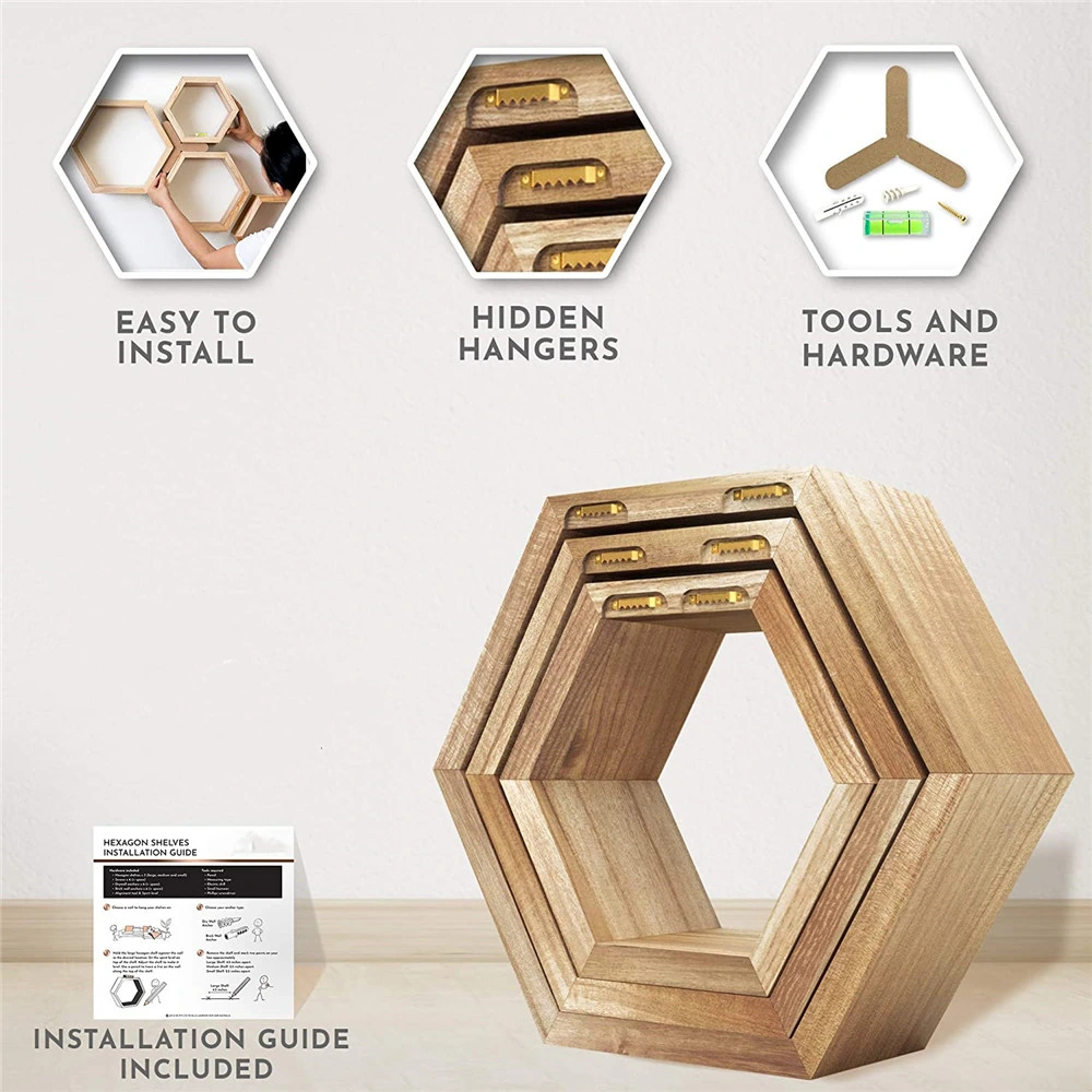 Hexagon Wall Decor Floating Shelves - 3-Pack Decorative Wall Shelf Set - Screws and Anchors Included - Pine Wood Geometric Shelves