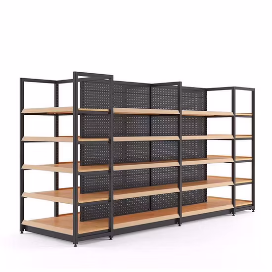 Wood Color Metal Cabinet Display Shelf Wall Supermarket Shelf with Light Box