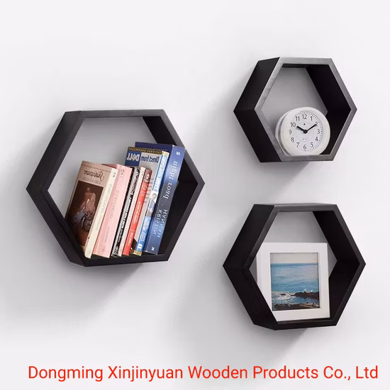 Excellent Quality 3 PCS Set MDF Painting Floating Hexagon Wood Home Wall Shelf Hexagon Disarmable Shelf