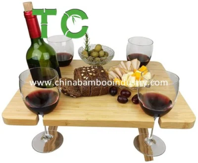 Portable Bamboo Wine Picnic Table Snack & Cheese Tray with 4 Wine Glasses Holder