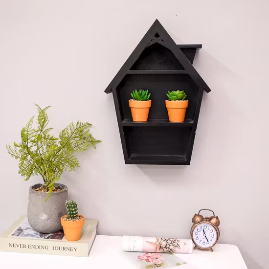 Customized House Shape Black Wooden Wall Shelf