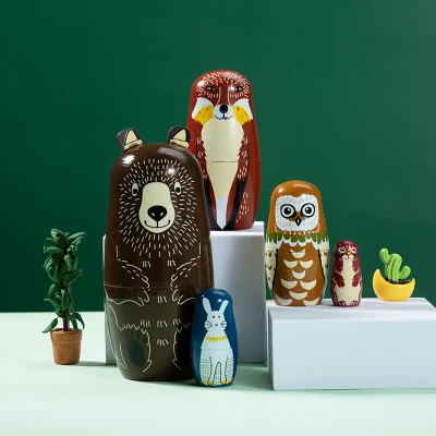 Russian Nesting Doll Five Layer Cartoon Brown Bear Children′s Holiday Gifts Forest Animals Wooden Handicraft Ornaments